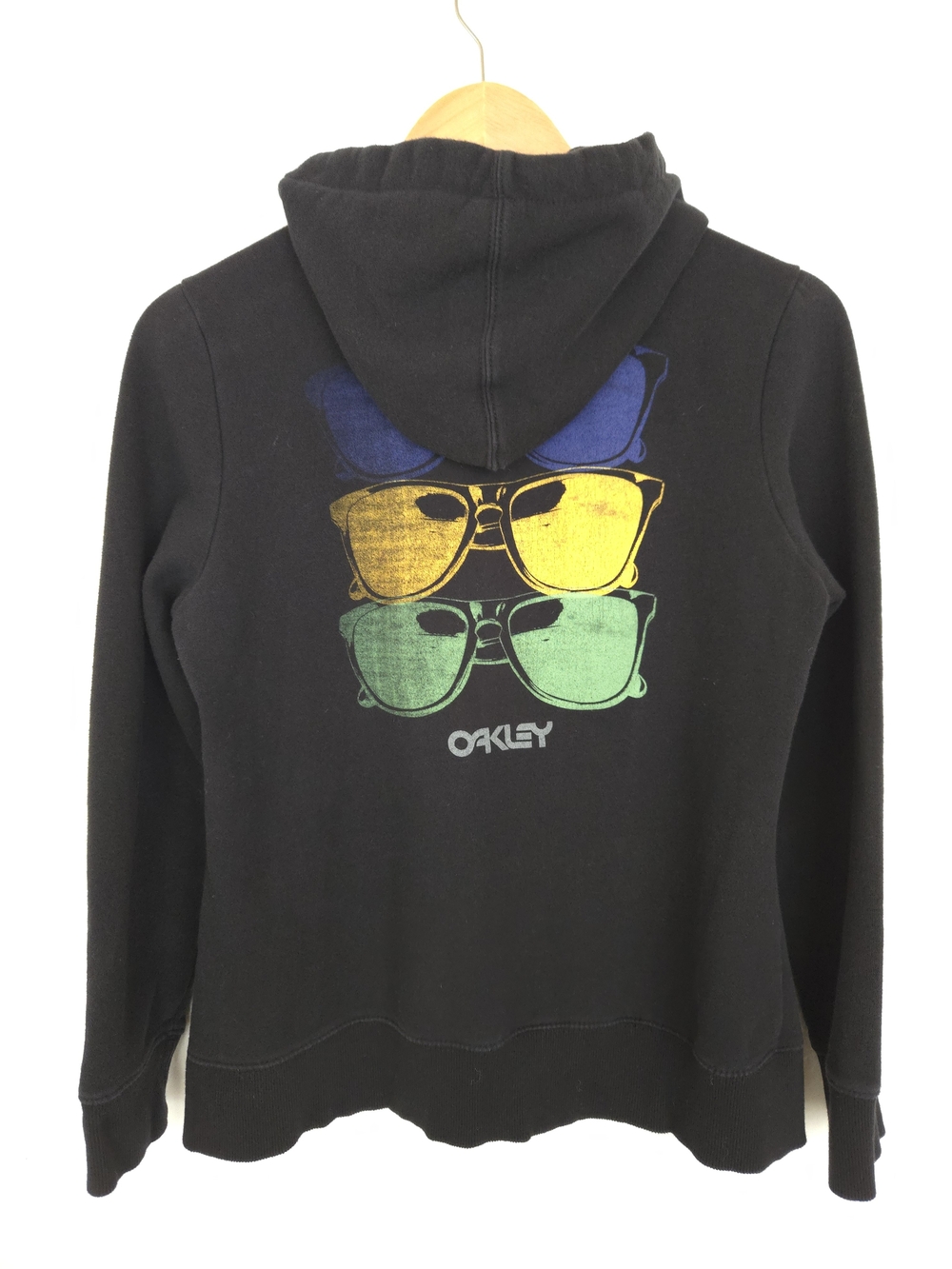 Oakley Youth Or Women Black Hoodie with Blue Yellow Green Sunglasses Graphic L